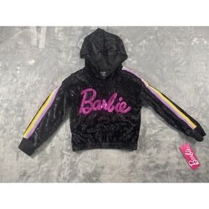 Barbie Girls Black Velvet Glitter Hoodie Pink Sequin Rainbow Stripe Size 4/5 NWT